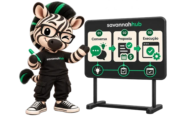 Zé, o mascote da Savannah Hub, apresentando os três passos: conversa, proposta e execução